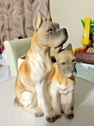 Vintage Porcelain Boxer Dog Figurine Statue 7 " Tall Japan? Antique Dogs Planter
