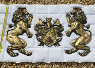Rare Very Large Vintage Lion Cast Metal Wall Plaques With Shield Of Armour 31 "