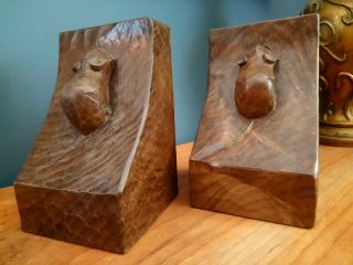 Rare Mouseman Robert Thompson Hand Carved Bookends.  Solid Dark Oak.  Book Ends.