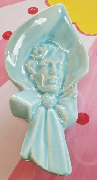 Vintage 1940s Mccoy Lady In Bonnet Hat Ceramic Wall Pocket Vase Plaque Turquoise