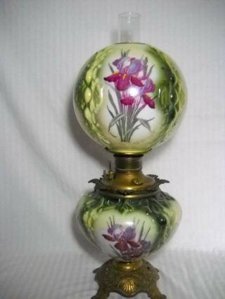 Large 27 " Antique Gwtw Oil Lamp Embossed Design W/ Irises