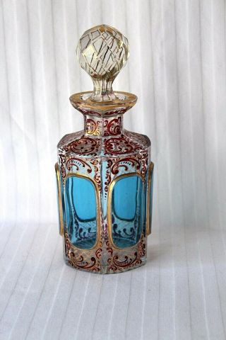 Antique Bohemian Moser Gild Enamel Aqua Blue Cabochons Perfume Bottle C 1880