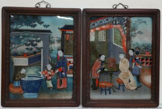 Pair Antique Chinese Late Qing Reverse Painting On Glass Interior Family Genre