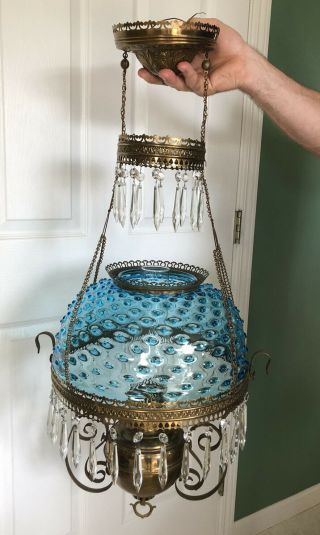 Antique Rayo Hanging Oil Lamp Blue Hobnail Shade (Rayo By Bradley & Hubbard) 2