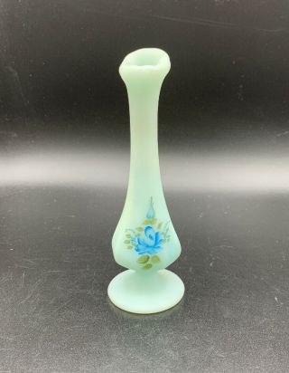 Vintage Fenton Blue Satin Glass Hand Painted Bud Vase,  Signed By A Mason 7” Tall