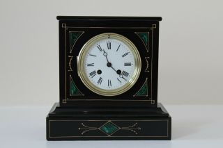 Elegant French Black Slate & Marble Mantel Clock With Malachite Inserts C1870