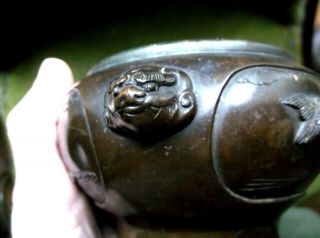 Antique Chinese Bronze Bowl With Demon Head Handles & Raised Birds Decoration