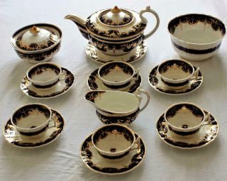 Antique Worcester Chamberlain Porcelain 17 Piece Tea Set Cobalt Blue & Gold