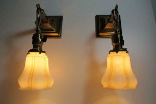 Antique Mission Arts & Crafts Brass Wall Sconces Patina & Shades