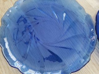 Arcoroc France Cobalt Blue Set Of 4 Swirl Vintage Glass Plates 9 1/4 "