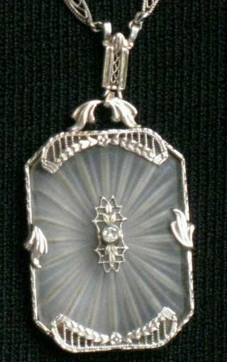 Antique Vtg Camphor Glass & Diamond & 14k White Gold Necklace Pendant 10.  8 Gr