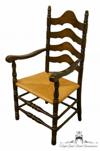 ETHAN ALLEN Antiqued Pine Old Tavern Ladderback Dining Arm Chair w.  Rush Seat 2
