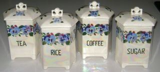 Vintage Czech Coronet Luise Blue Pansy Kitchen Canisters
