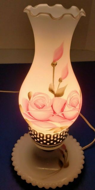 Vintage Milk Glass Painted Pink Floral Roses Design Electric Oil Lamps 12 "