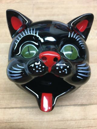 Vintage Black Cat Ashtray Incense Burner Ceramic Head 109