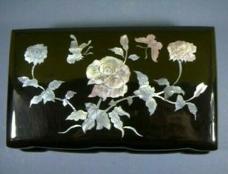 8 " Jewelry Box,  Black Lacquer Inlaid With Mother Of Pearl,  Vintage