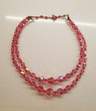Vintage Pink Glass Bead Necklace 2 Strand