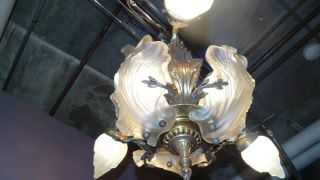 Vintage Antique Art Nouveau 6 - Light Brass Chandelier