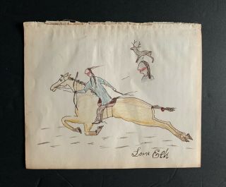 Native American Indian Signed Ledger Art Drawing On Antique 1895 Ledger Page
