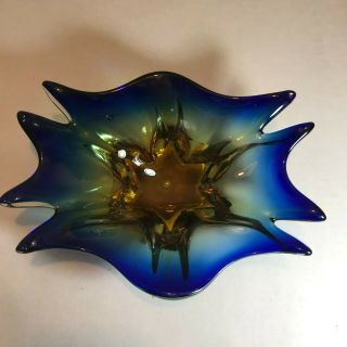 Vintage Amber And Blue Sunburst Art Glass Bowl Ashtray Mid Century Modern