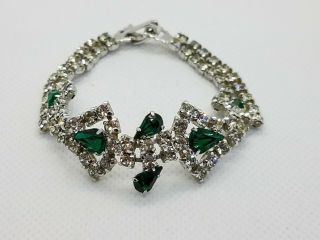 Vintage Prong Set Clear And Emerald Green Rhinestone Bracelet