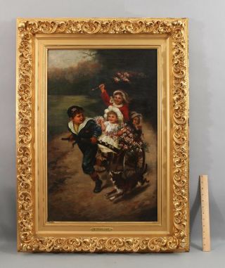 19thc Antique Victorian Genre Oil Painting,  Siblings Children W/ Cart & Dog Nr