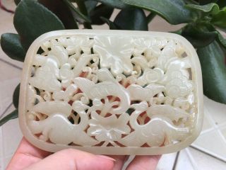Chinese Antique Jade Carved Birds And Flowers Plaque