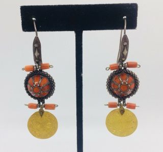 Antique Ottoman Turkish 22k Gold Coin,  Silver & Coral Dangle Earrings