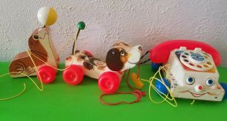 3 Pc Vintage Fisher Price Wood Pull Toys - Chatter Phone,  Seal,  Little Snoopy