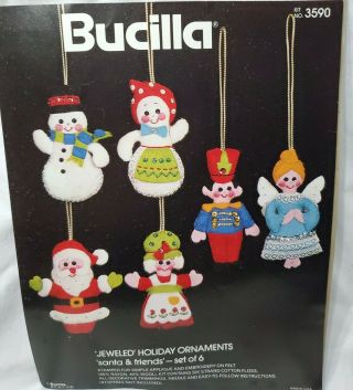 Vintage Bucilla Santa & Friends Christmas Ornaments Felt Embroidery Kit Set Of 6