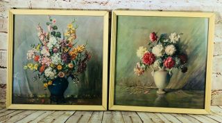 2 Vintage Floral Vase Prints Framed Pictures Mcm Carle J Blenner