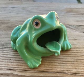 Vintage Made In Japan Green Ceramic Frog Big Mouth Ashtray