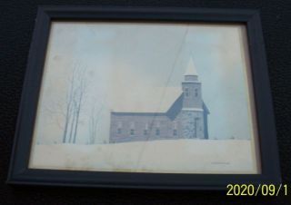 Vintage Framed Matte Art Print Rural Church In Snow Jim Harrison Christmas Gift