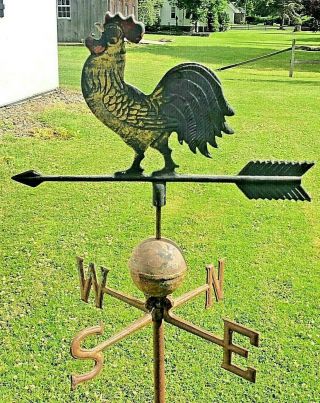 Antique Chicken Rooster Weathervane W/arrow & Iron Ball & Directionals - Old