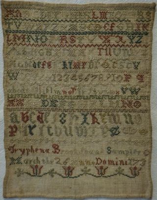Very Small Early 18th Century Alphabet Sampler By Tryphena Brooksbank - 1730