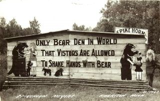 Spike Horn Shake Hands With Bear Sign Harrison,  Michigan,  Rppc,  Vintage Postcard