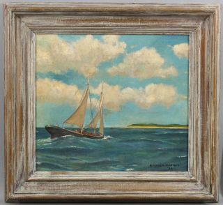 Antique Signed 1935 American Maritime Sailboat Seascape O/C Oil Painting,  NR 2