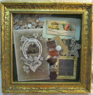 Antique Vintage Framed 1909 Post Card Sewing Hooks Buttons Key Hat Pin Collage