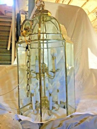 Large Brass Beveled Glass Ten Lights Octagon Lantern Style Vintage Chandelier