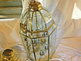 LARGE Brass Beveled Glass Ten Lights Octagon Lantern Style Vintage Chandelier 2