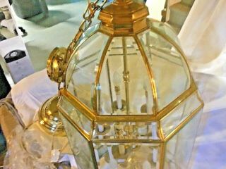 LARGE Brass Beveled Glass Ten Lights Octagon Lantern Style Vintage Chandelier 3