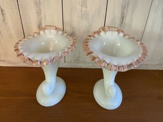 Vintage Fenton White Milk Glass Candle Holders With Ruffled Trim