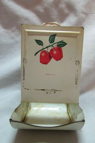 Vintage Tin Wall Hanging Wooden Match Holder With Red Delicious Apples Usa