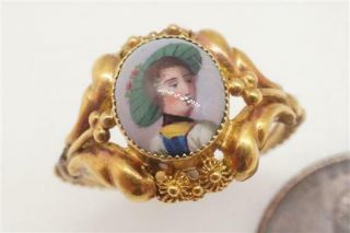 Lovely Little Antique Swiss 18k Gold Enamel Portrait Miniature Ring C1830