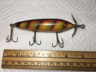 Rare Early Antique Wooden Heddon 3 Hook Glass Eyed Fishing Lure Bar Perch