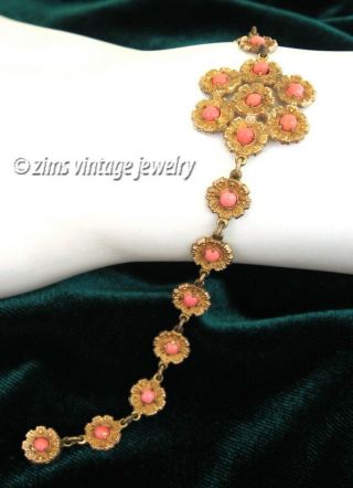 Vintage Old Art Deco Czech Coral Glass Flower Floral Gold Brass Link Bracelet