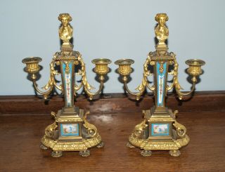 Pair Lovely Vintage Gilt Bronze & Sevres Porcelain Two Branch Candelabra