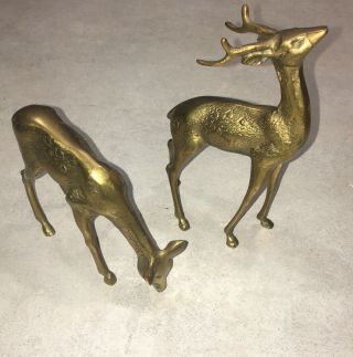 Vintage Set Of 2 Brass Deer Buck Doe Figurines Korea Reindeer Christmas