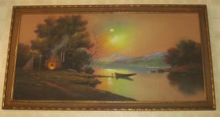 Antique Large Oil Pastel Landscape Painting W Frame Signed Gillette