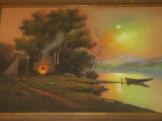 Antique Large Oil Pastel Landscape Painting W Frame Signed Gillette 2